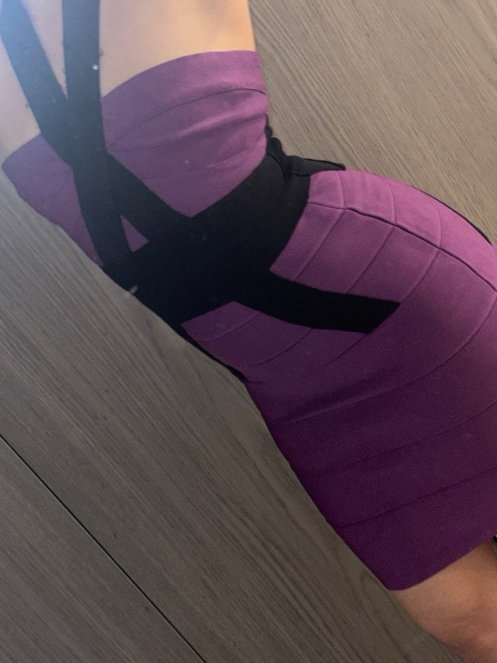 Herve Leger Purple Mini Bandage Dress with Black Strap Accents